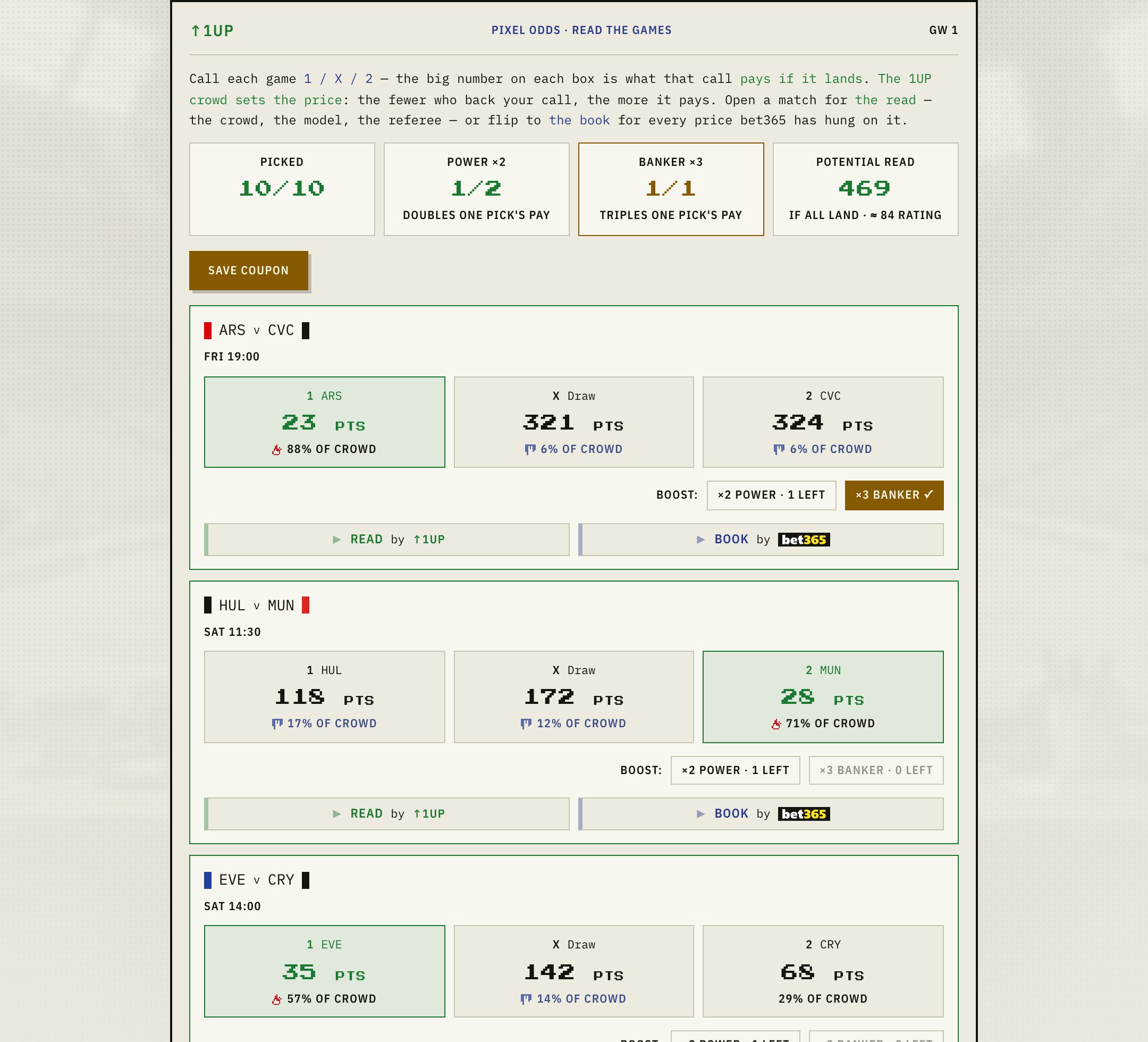 The 1UP coupon — crowd-priced 1X2 calls with Power and Banker multipliers and a full bookmaker market board