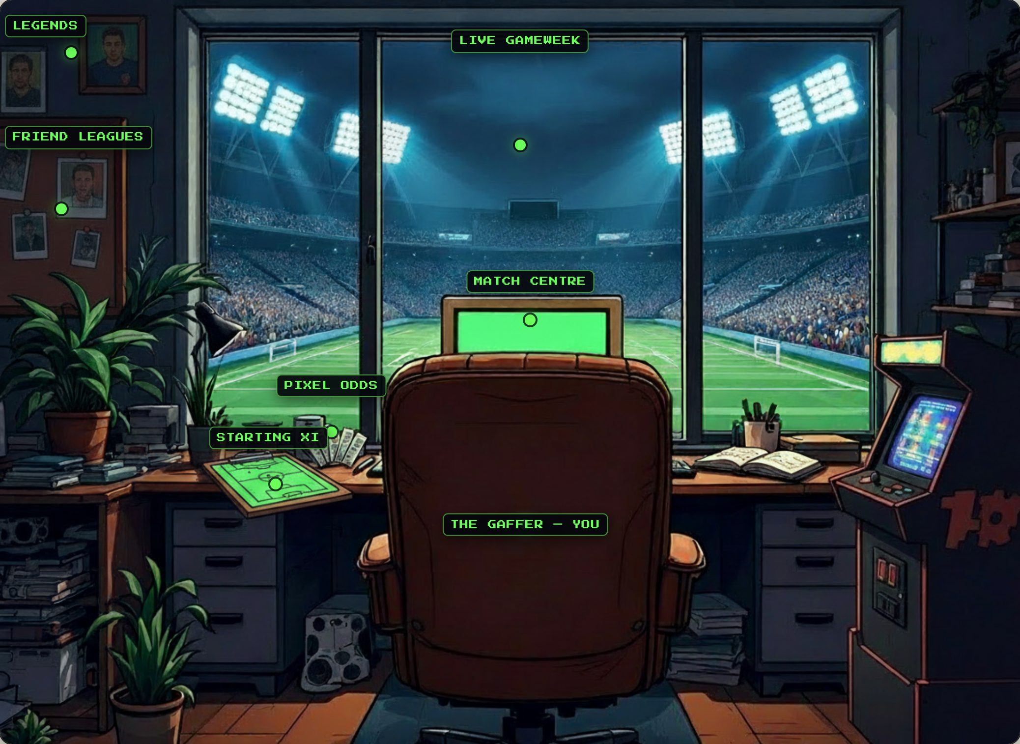 The gaffer's office — an illustrated room overlooking a floodlit stadium, with glowing hotspots on the desk objects